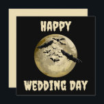 Halloween Harvest Full Moon And Night Flight Bats Card<br><div class="desc">Greeting Note Card with customisable text template Happy Wedding Day typography printed with a Halloween Harvest Full Moon And Night Flight Bats hand drawn graphic artwork drawing design illustration by TheFabricSeal print on demand shop at Zazzle.com #ZazzleMade ©️Original. https://www.zazzle.com/store/thefabricseal This Halloween classic looking vintage style art piece features a creamy...</div>