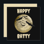 Halloween Harvest Full Moon And Night Flight Bats Card<br><div class="desc">Greeting Note Card with customisable text template Happy Batty typography printed with a Halloween Harvest Full Moon And Night Flight Bats hand drawn graphic artwork drawing design illustration by TheFabricSeal print on demand shop at Zazzle.com #ZazzleMade ©️Original. https://www.zazzle.com/store/thefabricseal This Halloween classic looking vintage style art piece features a creamy golden...</div>