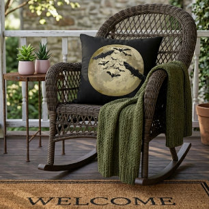 Halloween Harvest Full Moon And Night Flight Bats Cushion