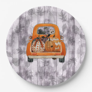 Halloween harvest orange pickup truck with pumpkin paper plate