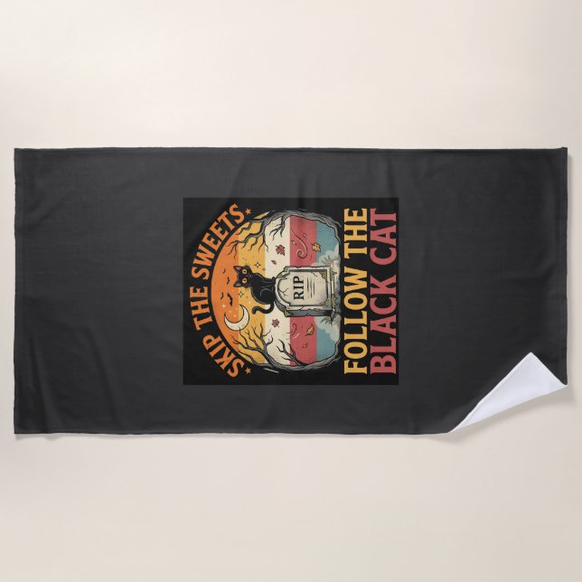 Halloween Haunted Black Cat Mischief Beach Towel (Front)