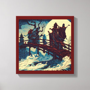 Halloween - Haunted Bridge Woodcut 1 Canvas Print