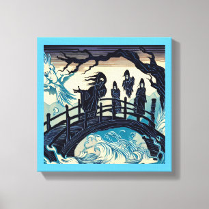 Halloween - Haunted Bridge Woodcut 2 Canvas Print