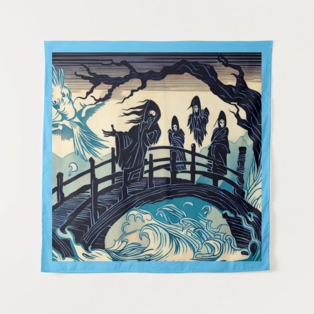 Halloween - Haunted Bridge Woodcut 2 Tapestry (Front)