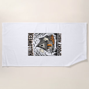 Halloween Haunted Cabin Scary Night Vintage Art Beach Towel