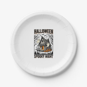 Halloween Haunted Cabin Scary Night Vintage Art Paper Plate