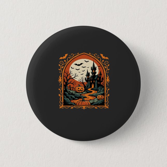 Halloween Haunted Castle Pumpkin Moon Vector Art 6 Cm Round Badge (Front)