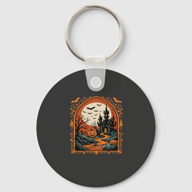 Halloween Haunted Castle Pumpkin Moon Vector Art Key Ring (Front)
