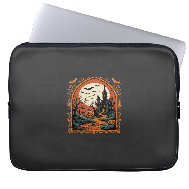 Halloween Haunted Castle Pumpkin Moon Vector Art Laptop Sleeve (Front)