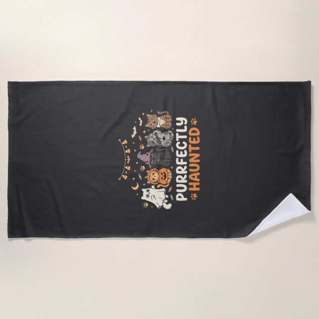 Halloween Haunted Cat Crew Beach Towel (Front)