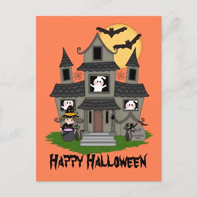 Halloween haunted house and little witch orange postcard (Front)
