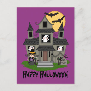 Halloween haunted house and little witch purple postcard