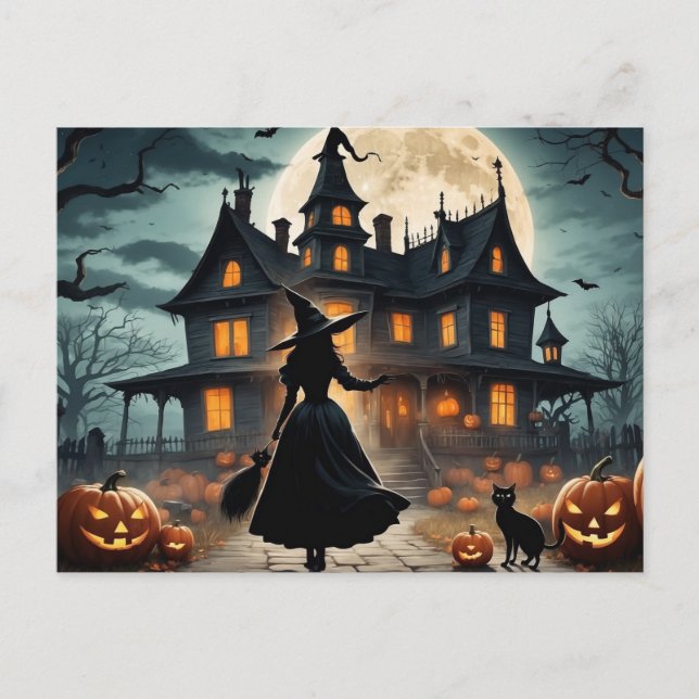 Halloween Haunted House and Witch  Holiday Postcard (Front)