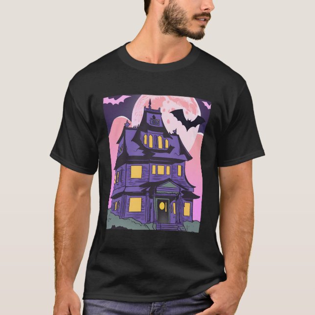 Halloween Haunted House Bats Moon Emo Goth T-Shirt (Front)