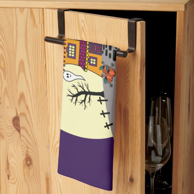 Halloween Haunted House Black Bat Full Moon Ghost Tea Towel (Thirds Fold)