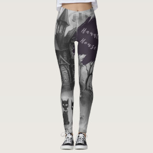 Halloween, Haunted House , Black Cat Leggings