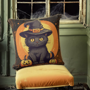 Halloween Haunted House Cat in Witch Hat Cushion