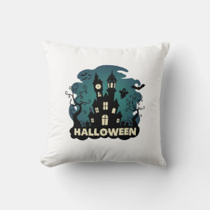 Halloween Haunted House Clock Tower Bats Ghost_1 Cushion