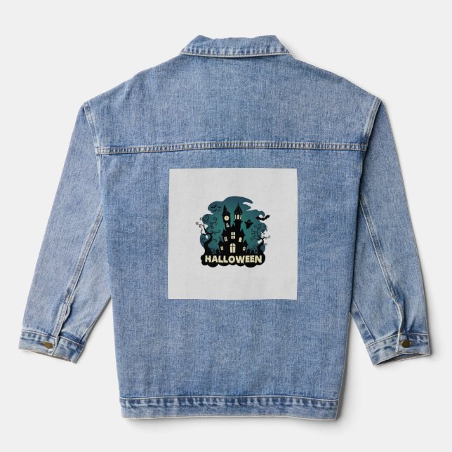 Halloween Haunted House Clock Tower Bats Ghost_1 Denim Jacket (Back)