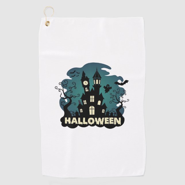 Halloween Haunted House Clock Tower Bats Ghost_1 Golf Towel (Front)