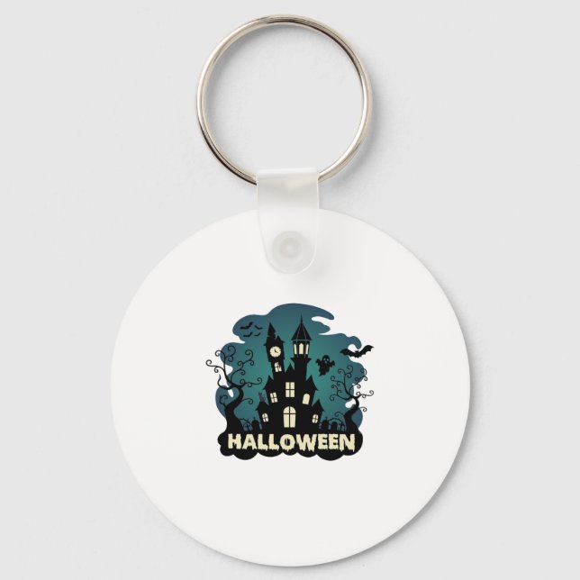 Halloween Haunted House Clock Tower Bats Ghost_1 Key Ring (Front)