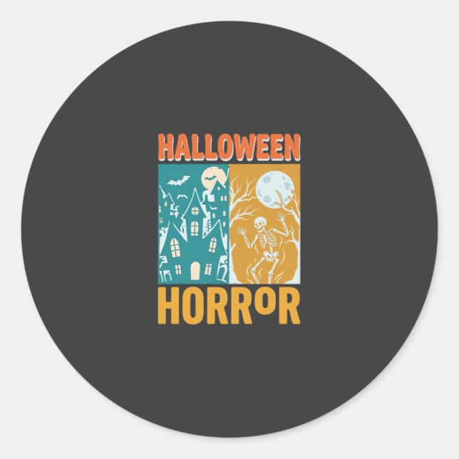 Halloween Haunted House Moon Skeleton Design_1 Classic Round Sticker (Front)