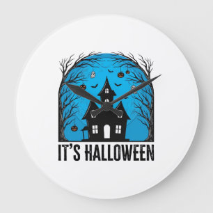 Halloween Haunted House Moon Vintage Engraving Des Large Clock