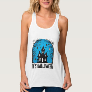 Halloween Haunted House Moon Vintage Engraving Des Singlet