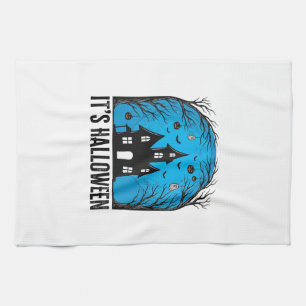 Halloween Haunted House Moon Vintage Engraving Des Tea Towel