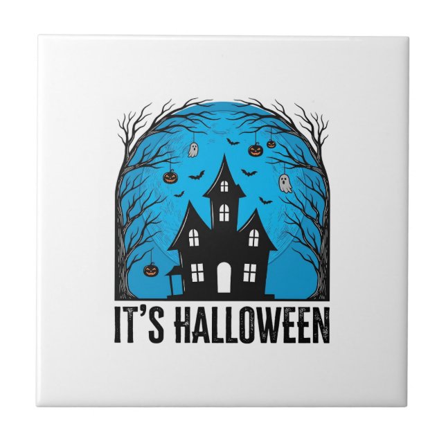 Halloween Haunted House Moon Vintage Engraving Des Tile (Front)