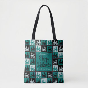 Halloween haunted house mosaic tote bag
