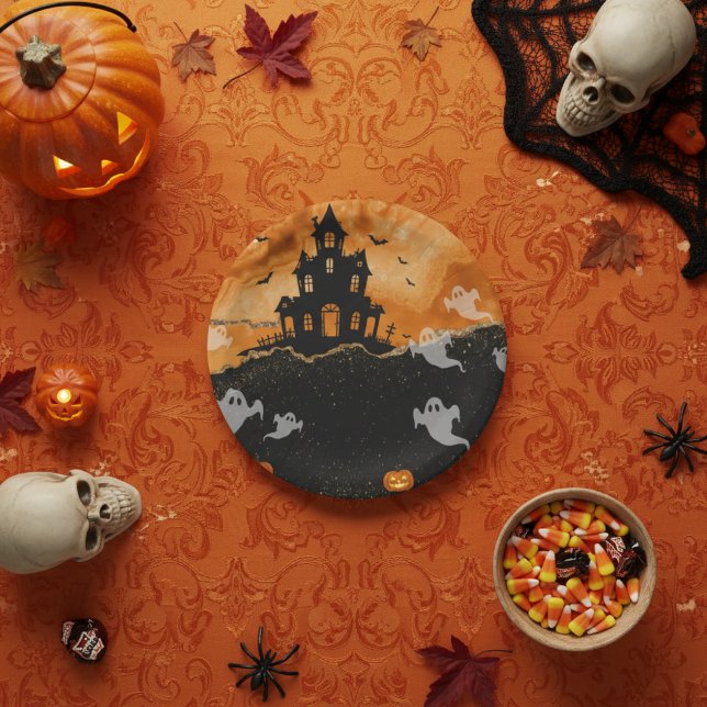Halloween Haunted House Orange Gold Glitter Paper Plate (Creator Uploaded)