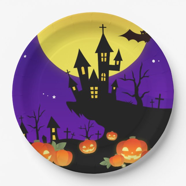 Halloween Haunted House Paper Plate (Front)