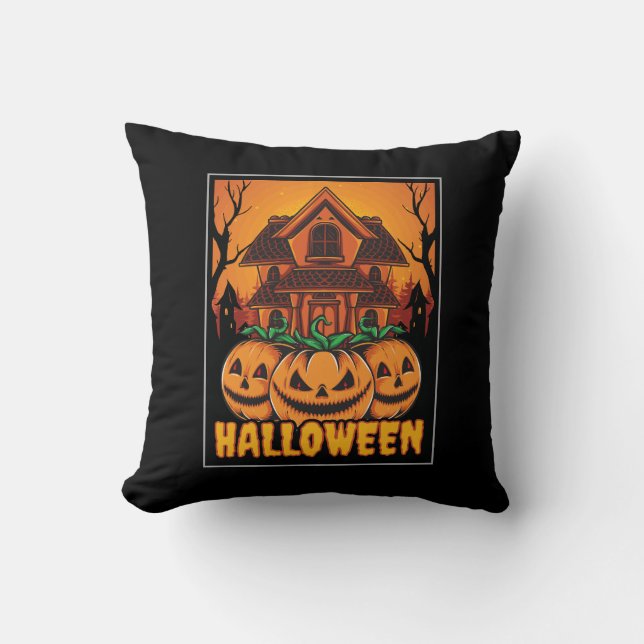 Halloween Haunted House Pumpkin Illustration Cushion (Front)