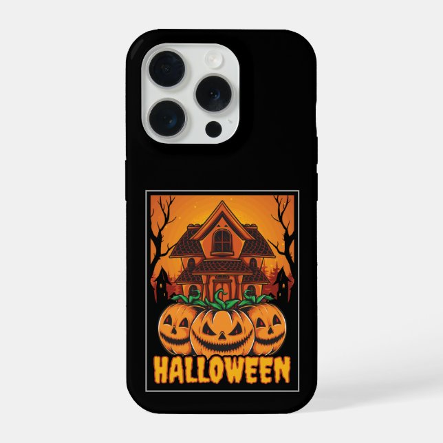 Halloween Haunted House Pumpkin Illustration iPhone Case (Back)