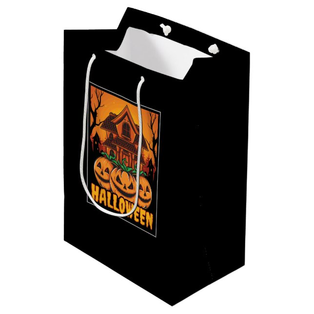Halloween Haunted House Pumpkin Illustration Medium Gift Bag (Front Angled)