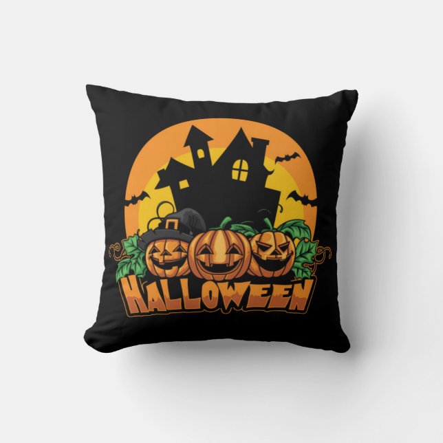 Halloween Haunted House Pumpkins Cushion (Front)