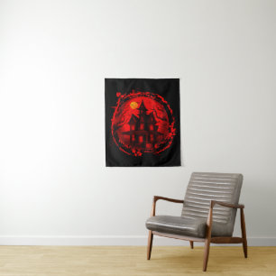 HALLOWEEN HAUNTED HOUSE RED BLACK SILHOUETTE TAPESTRY
