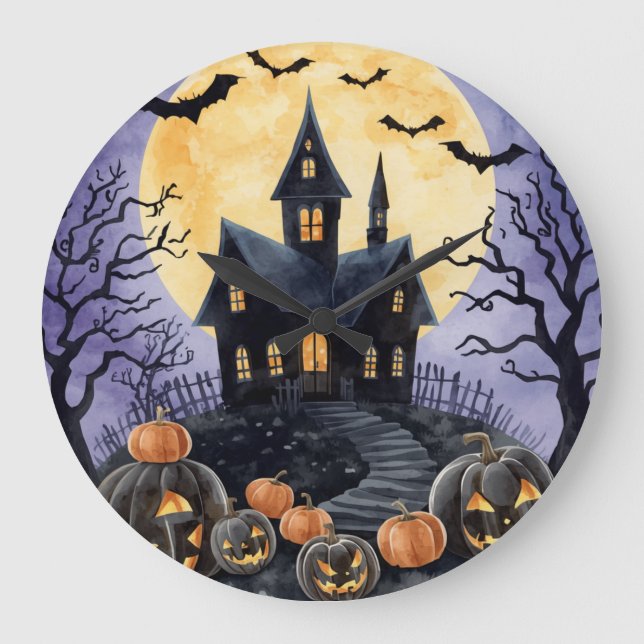 Halloween,Haunted House, Scary Pumpkins,Bats Large Clock (Front)