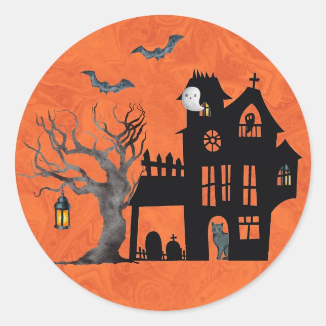 Halloween Haunted House Scene  Classic Round Sticker (Front)