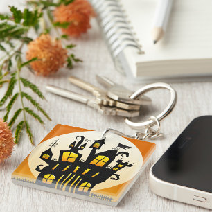 Halloween Haunted House Silhouette Full Moon Key Ring