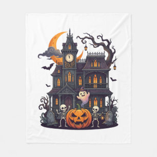 Halloween Haunted House Skeletons Pumpkin Ghost Cr Fleece Blanket