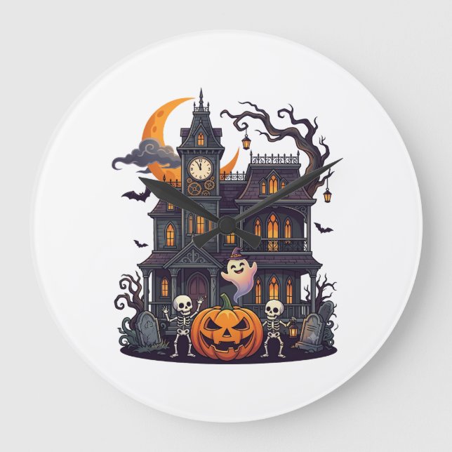 Halloween Haunted House Skeletons Pumpkin Ghost Cr Large Clock (Front)