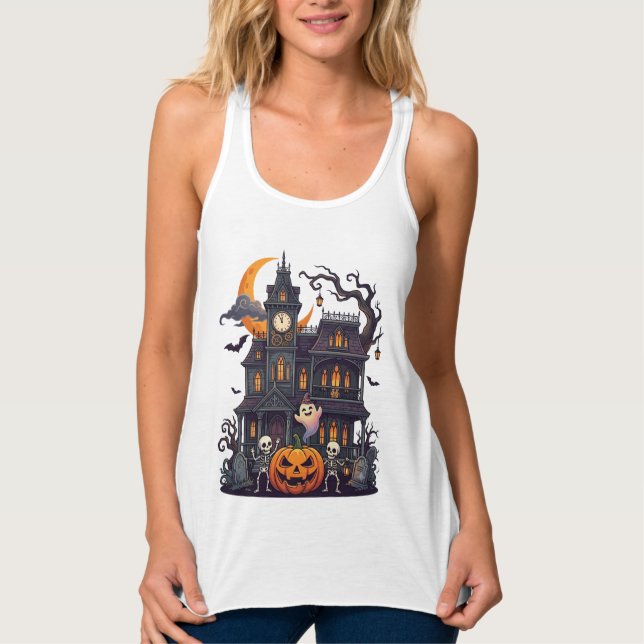 Halloween Haunted House Skeletons Pumpkin Ghost Cr Singlet (Front)