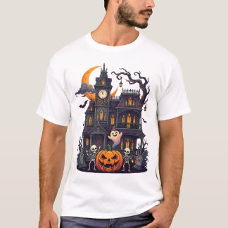 Halloween Haunted House Skeletons Pumpkin Ghost Cr T-Shirt
