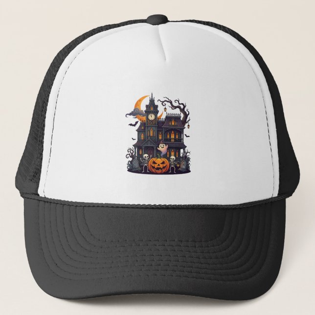 Halloween Haunted House Skeletons Pumpkin Ghost Cr Trucker Hat (Front)