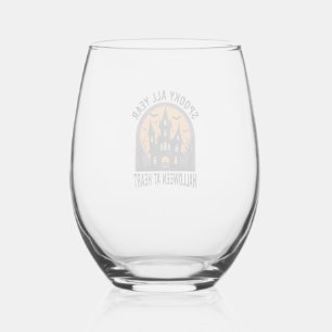 Halloween Haunted House Vintage Engraving Spooky A Stemless Wine Glass