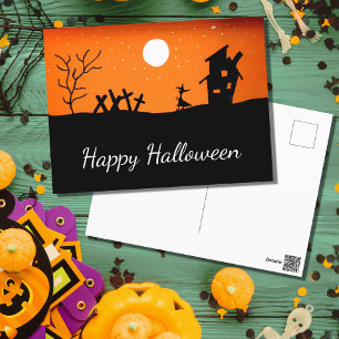 Halloween Haunted House Witch Postcard