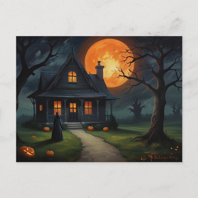 Halloween Haunted House Witch Postcard (Front)