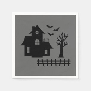 Halloween Haunted House With Bats And Tree On Grey Napkin